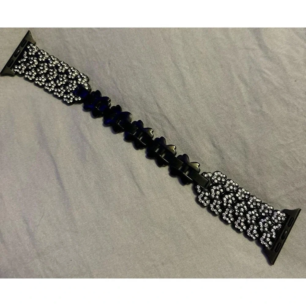 NEW Black SS Rhinestone Flower Linked Band for Apple Watch 38mm/40mm/41mm